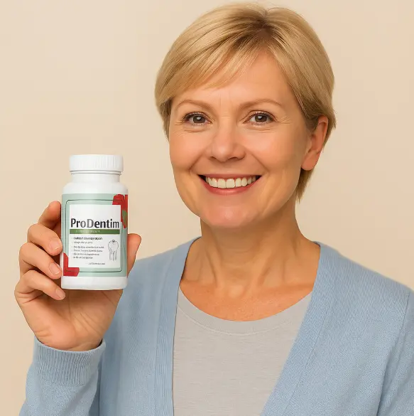 Smiling woman holding ProDentim
